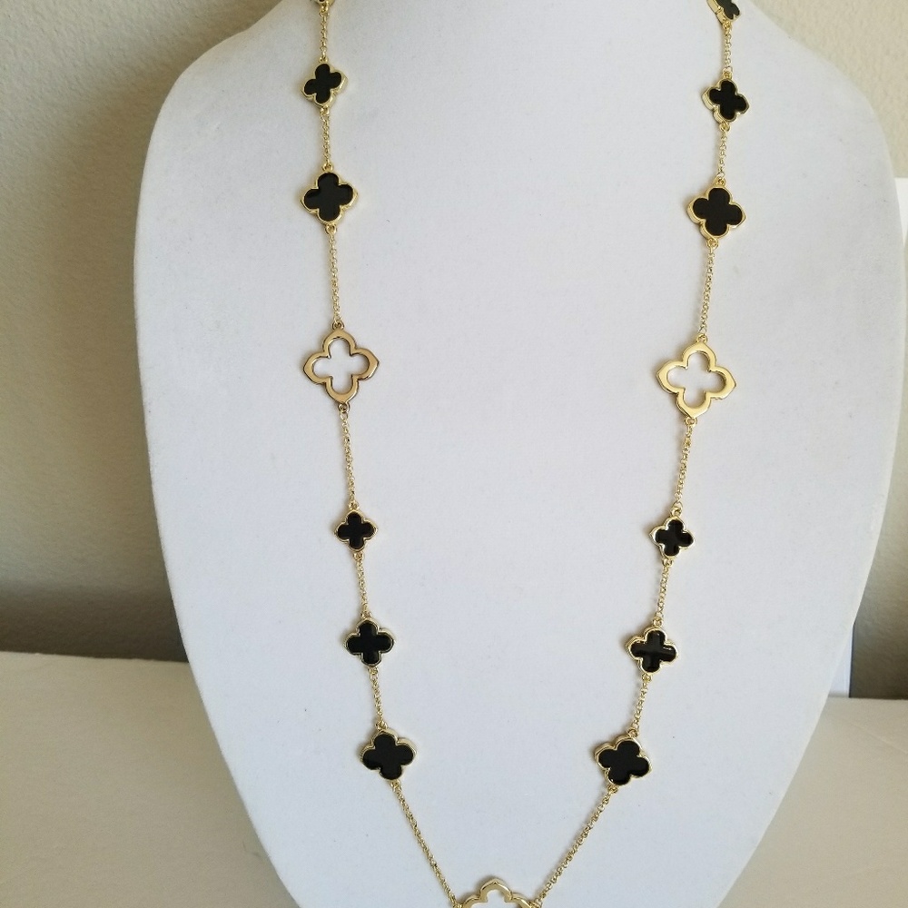Clover  gold necklace, Black Four Leaf clover.